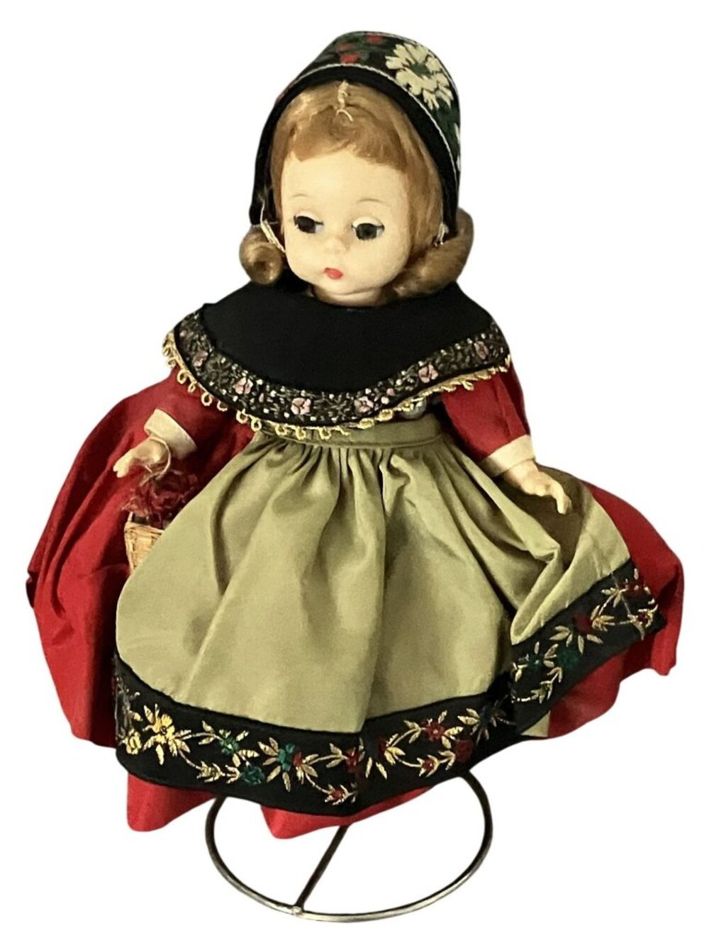 Vintage Madame Alexander Swedish Doll In Traditional European Outfit With Stand